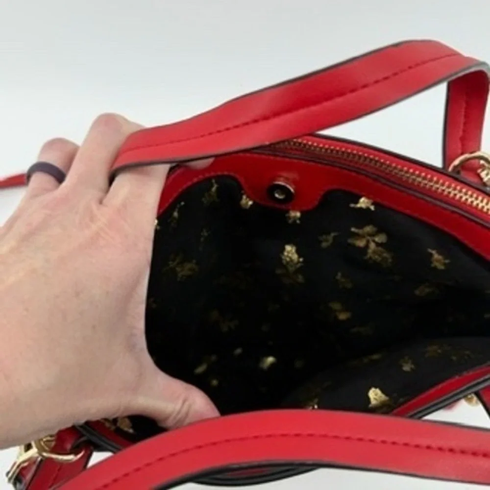 Betsey Johnson Red Satchel Bag with Charms‎ Top Handle Crossbody Gold Hardware